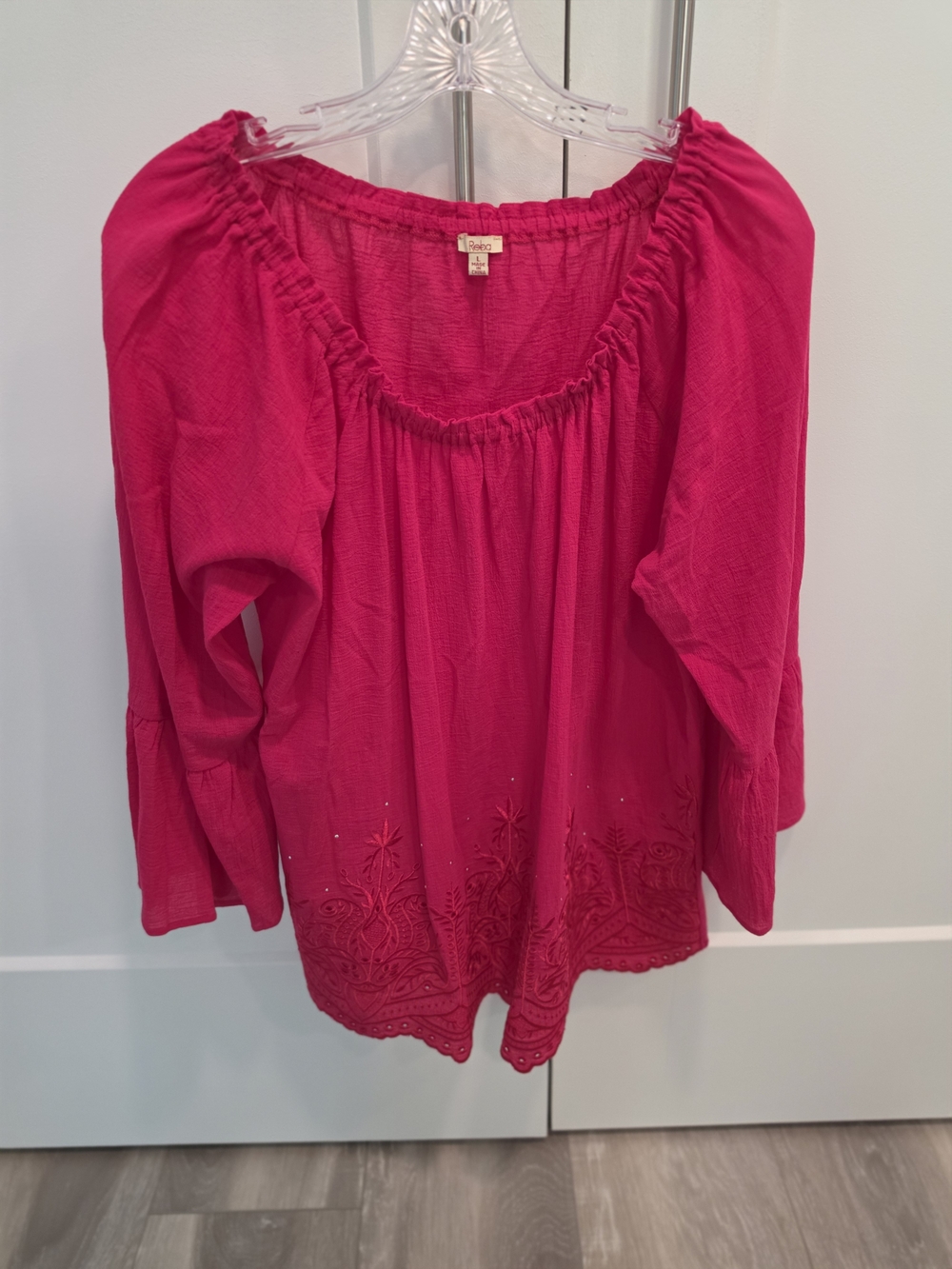 Reba Hot Pink Embroidered Peasant Blouse Size L